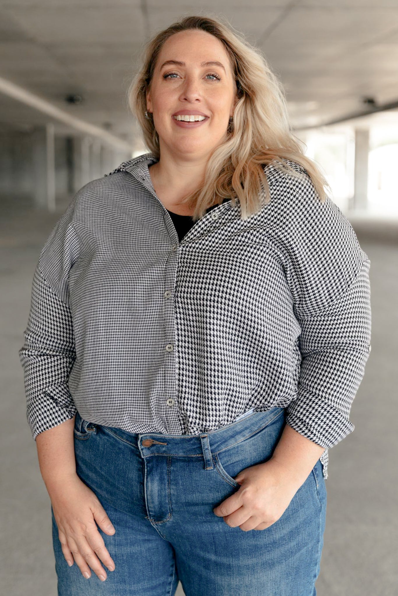 Mixed Houndstooth Button Up Top