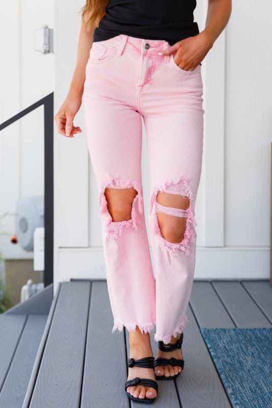 Babs Distressed Straight Jeans in Pink