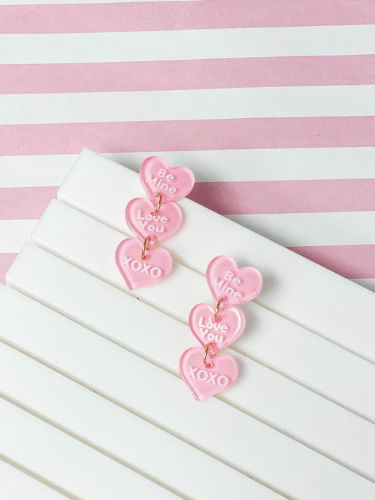 Conversation Hearts Acrylic Dangle Earrings in Pink