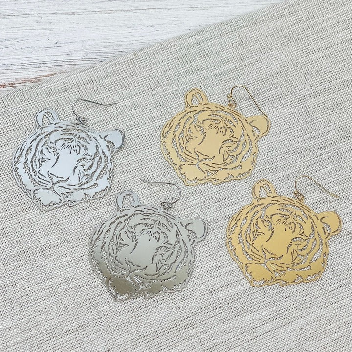 Filigree Tiger Dangle Earrings in Two Colors