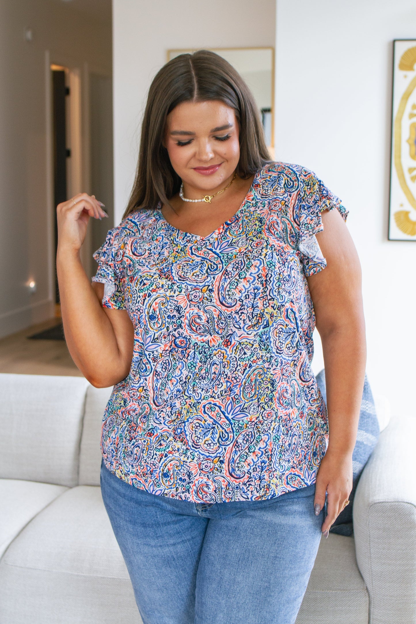 Patient in Paisley Flutter Sleeve Top