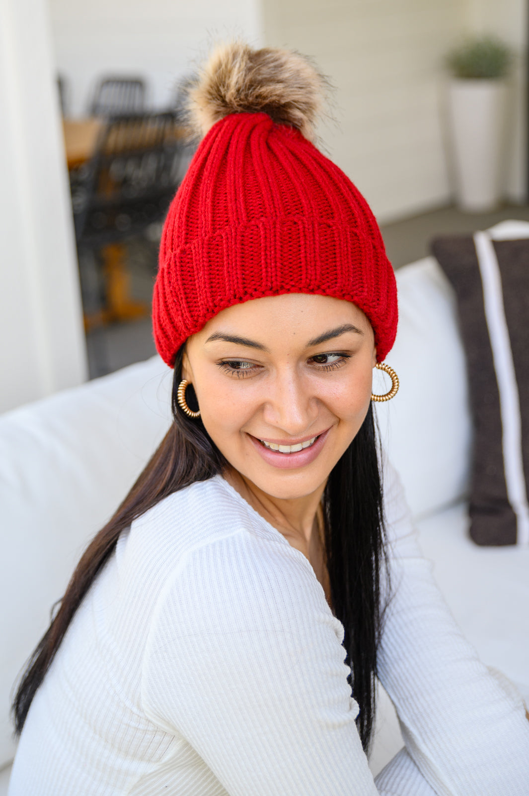 Rib Knit Beanie With Detachable Pom Pom In Wine