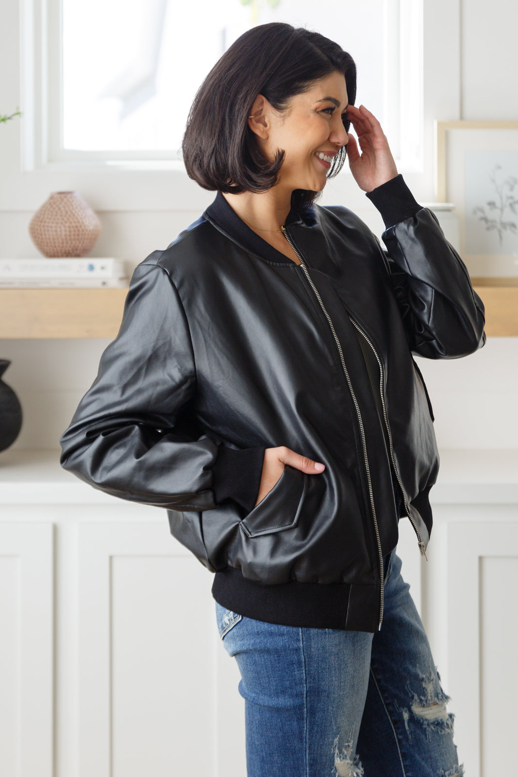 This Is It Faux Leather Bomber Jacket In Black